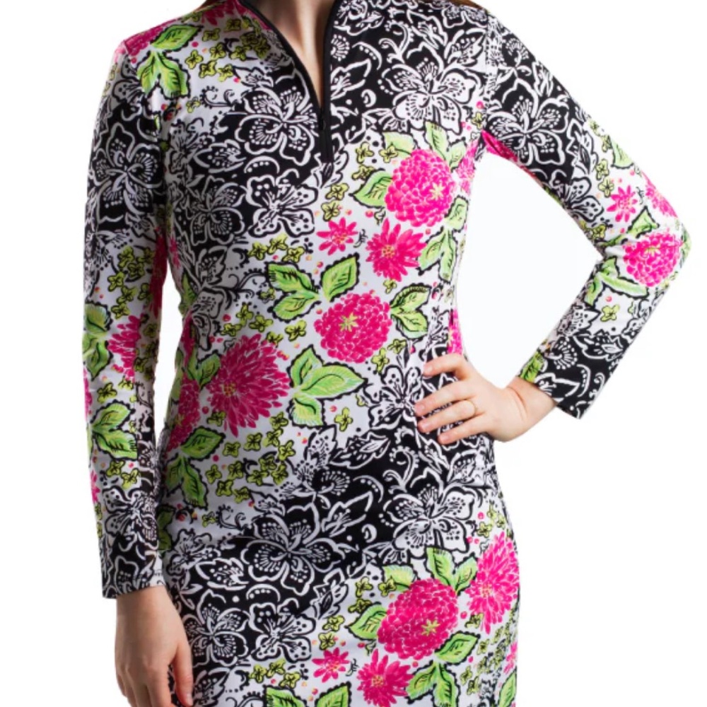 San Soleil Pink Green Black Floral Long Sleeve UV SPF 50 Golf Swim Dress Medium